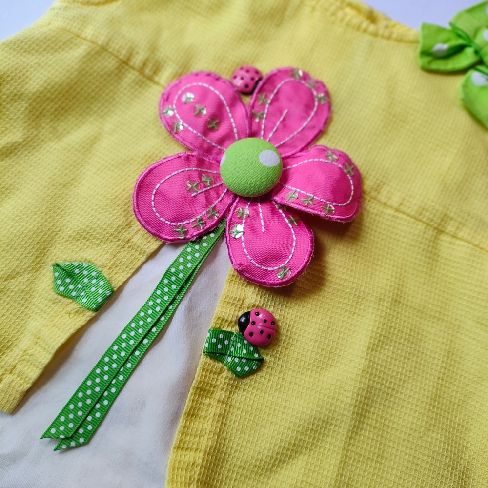 Yellow Dress with Pink Flower and Green Accents - Picture 4 of 6